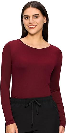 Underscrub Long Sleeve Women, Scrub Undershirts Crew Neck Comfort Tee with Ultra Soft Fabric (X-Small, Burgundy)