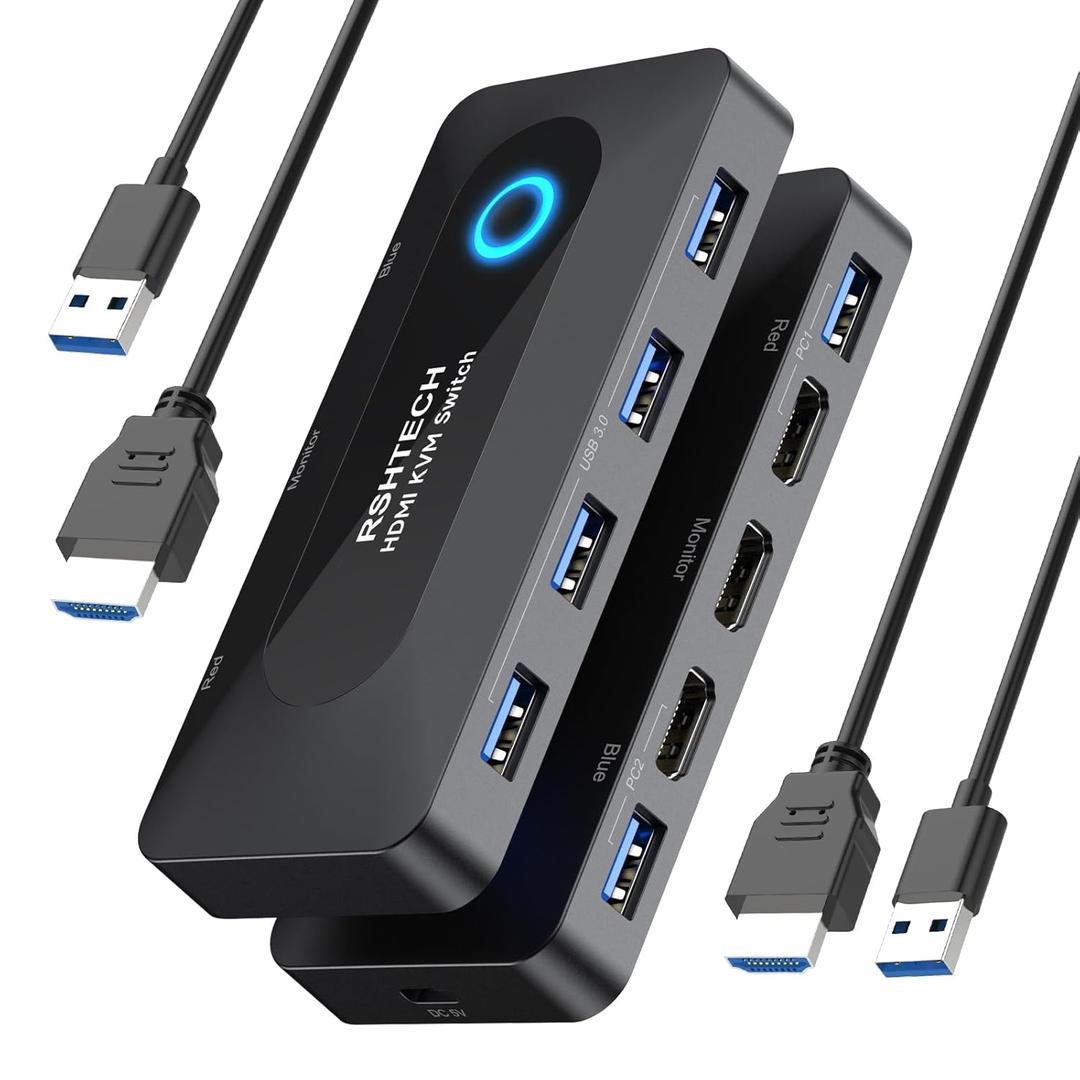 KVM Switch, RSHTECH USB Switch with 4K@60Hz HDMI and 4 USB 3.0 Ports, HDMI KVM Switch for 2 Computers Share Keyboard Mouse Printer and one HD Monitor with 2 USB Cables and 2 HDMI Cables, Black (2 IN 5 Out HDMI Switch)