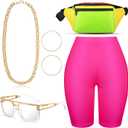 80s 90s Hip Hop Woman Costume Kit Women's Yoga Shorts Waist Fanny Pack Rapper Sunglasses Rope Chain Earrings, Size S