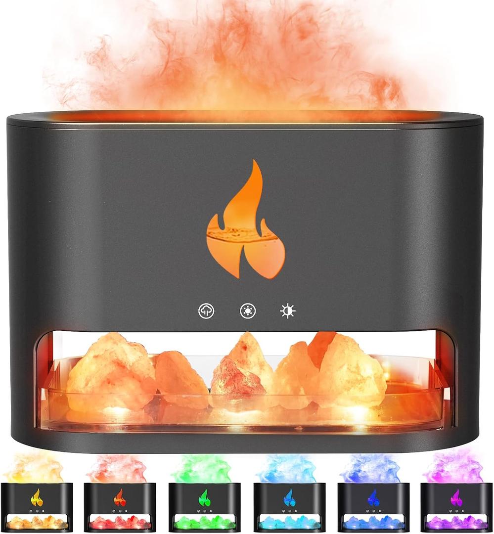 YALEDI Essential Oil Diffuser, Fireplace Flame Fire Oil Diffuser, 250ml Himalayan Salt Lamp Diffuser, Cool Mist Aromatherapy Humidifier with 7 Colors Light, Timer & Auto-Off for Home, Room (Black)