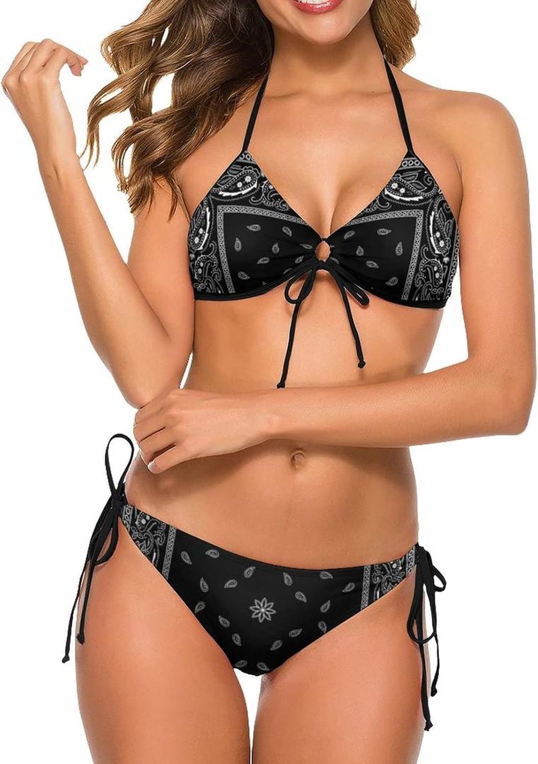 Women Two Piece Swimsuit Halter String Bikini Sets for Women Girls Triangle Tie Side Swimwear Bathing Suits (Medium, Black Bandana)