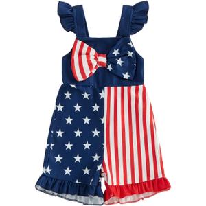 Ayalinggo 4th Fourth of July Baby Girl Outfit Toddler USA American Flag Romper Overalls Jumpsuit Independence Day Clothes, 2-3Y