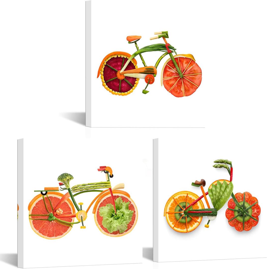 PoGoXiPoYo 3 Panel Kitchen Canvas Wall Art Creative Funny Colorful Vegetable Fruit Bicycle Bike Pictures Wall Decor Food Wall Painting for Dining Room Restaurant Living Room Home 12x12inchx3pcs