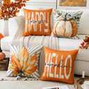 Artscope Fall Decorative Throw Pillow Covers 20x20 Inch Set of 4, Hello Happy Autumn Pumpkin Striped Maple Leaves Harvest Outdoor Farmhouse Pillow Cases for Home Sofa Couch-Orange D