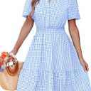 Popvil Women Summer Mini Gingham Dress 2026 A Line Casual Sun Dress Short Sleeve Beach Vacation V Neck Short Dress (Medium, Light Blue)