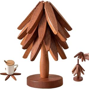 Natural Tree Trivet Set - 4 Wooden Hot Pot Holders, Heat Resistant Countertop Protectors for Christmas & Thanksgiving, Auto Unfold Space-Saving Design