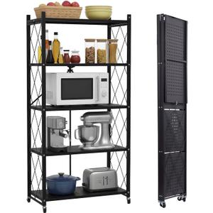 5 Tier Foldable Storage Shelf with Wheels, Heavy-Duty Metal Shelving Unit, No Assembly Book Shelf Rolling Storage Rack for Garage, Kitchen, Pantry, Closet, Exhibition, Office Decor, Black