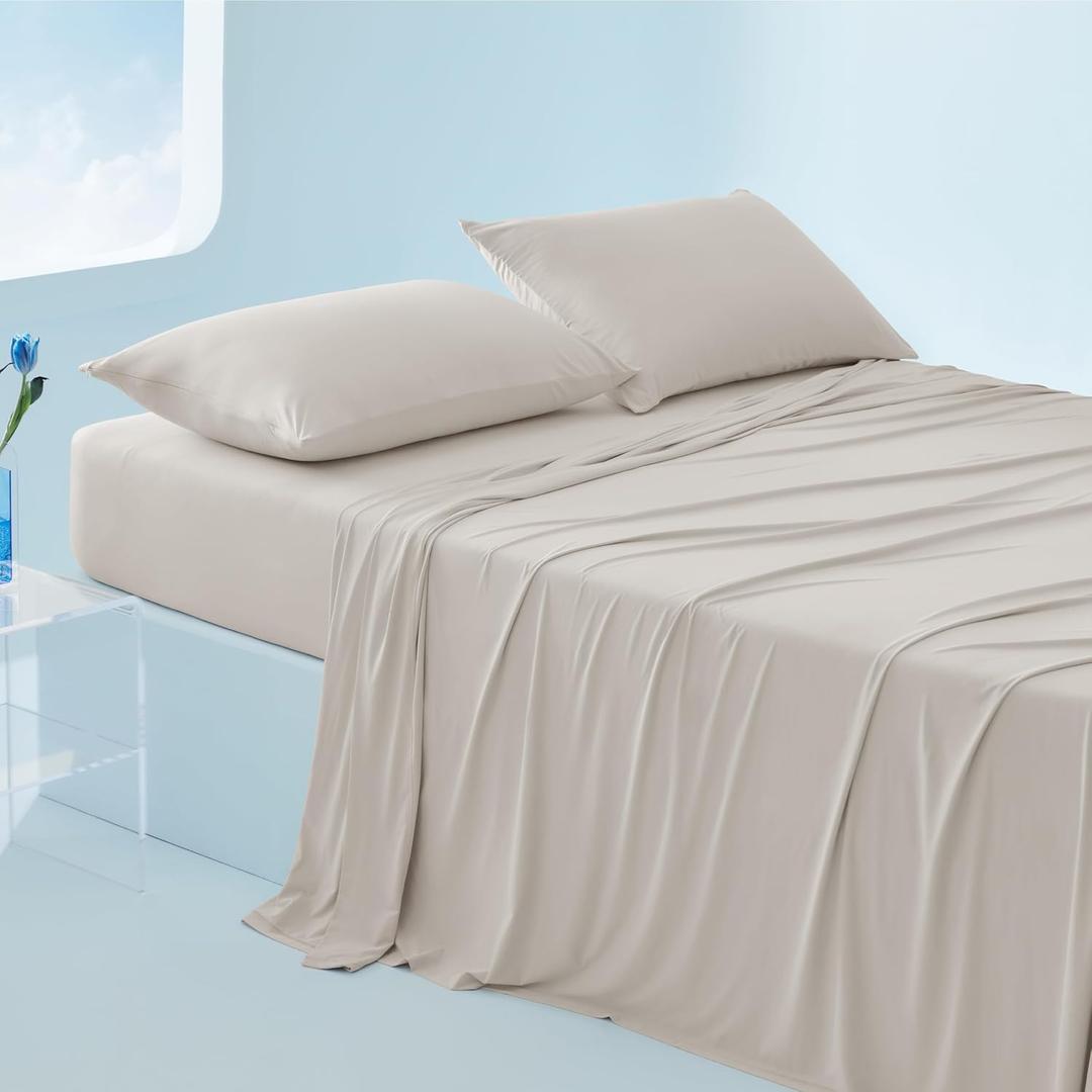 Bedsure Cooling Sheets King Size, Cooling Bed Sheets for Hot Sleepers, Chill Cool Sheet, Deep Pocket Up to 18 Inches, Soft & Breathable King Size Sheets Set, 4 Pieces, Beige