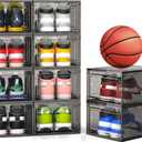 Mitees 10 Pack XX Large Thicken Sturdy Hard Plastic Clear Stackable Shoe Storage Boxes for Size 12, Sneaker Shoe Rack Containers Holders Bins Display Case Organizer for Closet, Grey