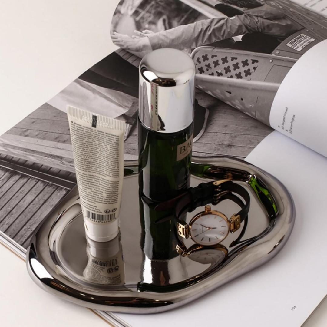 Silver Tray Decorative Vanity Tray Bathroom Tray Jewelry Dish Ceramic Silver Round Plate Holder Makeup Tray Home Organizers Irregular Storage Plate Bathroom Organizer(Long)