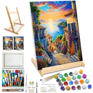 JOOZ Landscape Paint by Numbers Kit for Adults Seaside Sunset Paint by Number with Frame DIY Scenery Paint by Number with Easel Oil Painting Kits for Gift Home Wall Decor 12x16 Inch (TG03)