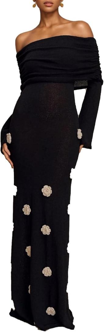 Unybwonn Women Sexy Off Shoulder Crochet Maxi Dress Bodycon Stretchy Mesh Knit Dress Long Sleeve Tube Top Elegant Dresses (Medium, Black)
