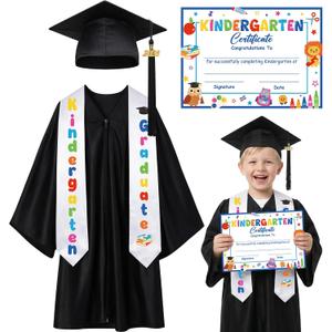 Kindergarten Graduation Cap and Gown Set Unisex Congrats Grad Outfit with Certificate Stole for Kid Grad Gifts (Black, 27")