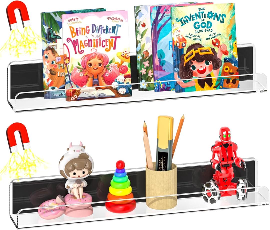FUCDTEFC Magnetic Book Shelf for Whiteboard, 2 Pack Clear Magnetic Bookshelf, Reusable Metal Magnetic Book Display Holder for Classroom, Offices, Kitchens, Refrigerator Supplies - Clear