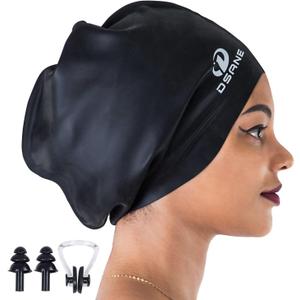 Dsane Extra Large Swimming Cap for Women and Men,Special Design Swim Cap for Very Long Thick Curly Hair&Dreadlocks Weaves Braids Afros Silicone Keep Your Hair Dry (black), (XL)