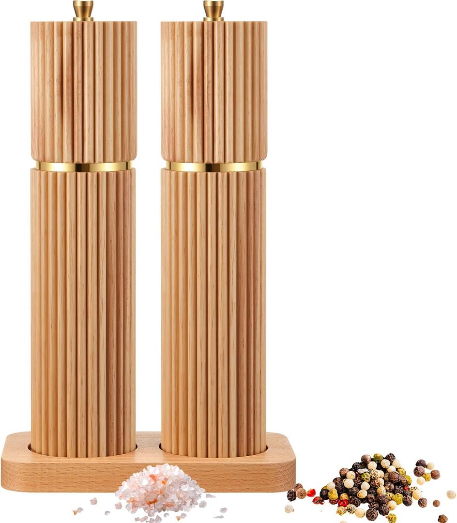 Wooden Salt and Pepper Grinder Set 8" Refillable Wooden Manual Salt and Pepper Mill Set with Adjustable Coarse Settings Rust Resistant Smooth Quality Grinding Mechanism (Fluted, Wood)