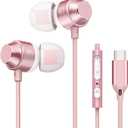 USB-C Earbuds Rose Gold, Type-C in-Ear Headphones Wired, Stereo Bass Pink Earphones with Micphone and Volume Control Compatible with iPhone 15, Samsung, Google Pixel Smartphones