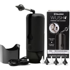 Wush Pro By Black Wolf- Deluxe Water Powered Ear Cleaner- Safe & Effective- Electric Triple Jet Stream 3 Pressure Settings For Ear Wax Buildup- Ear Wax Removal Kit- Water Resistant USB Rechargeable