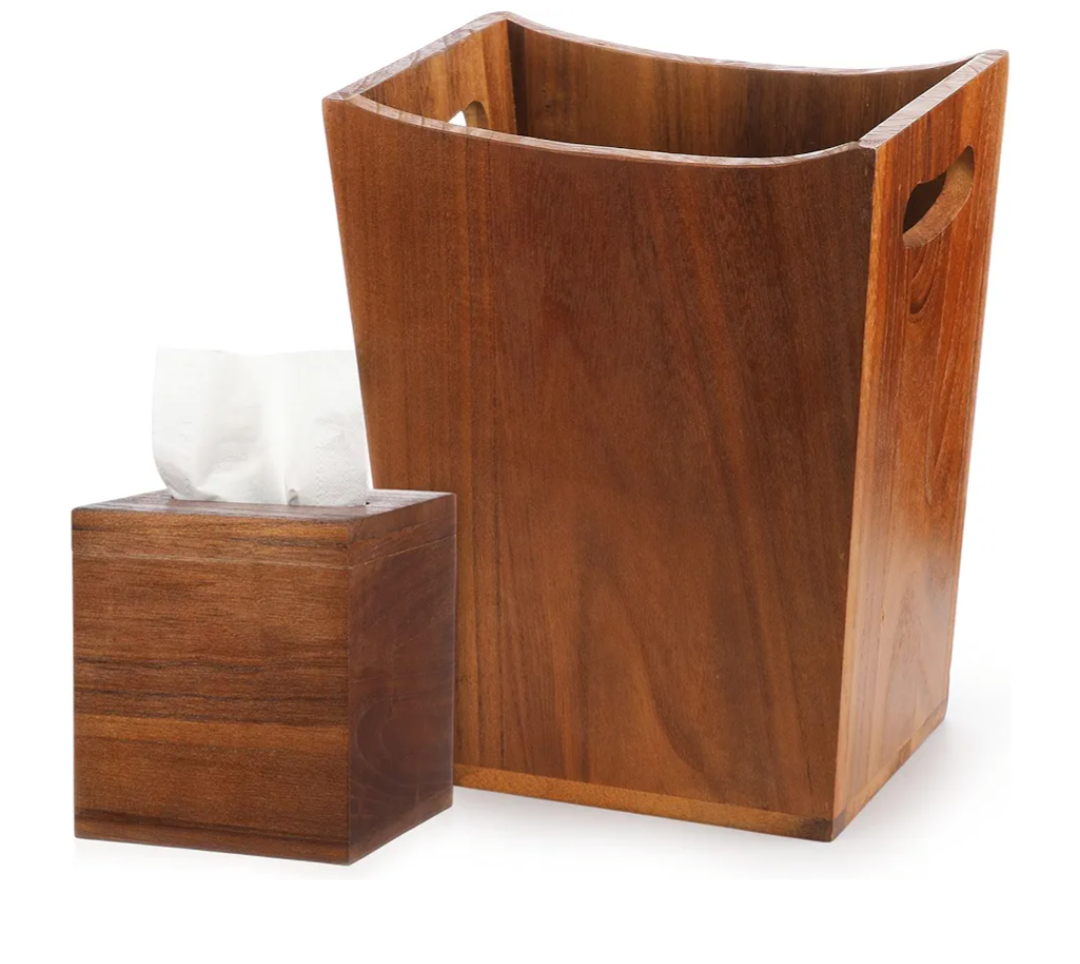 2 Pcs Can Wastebaskets and Tissue Box Set Rectangular Basket Garbage Can for Bathroom, Living Room, Office, Kitchen (Brown)
