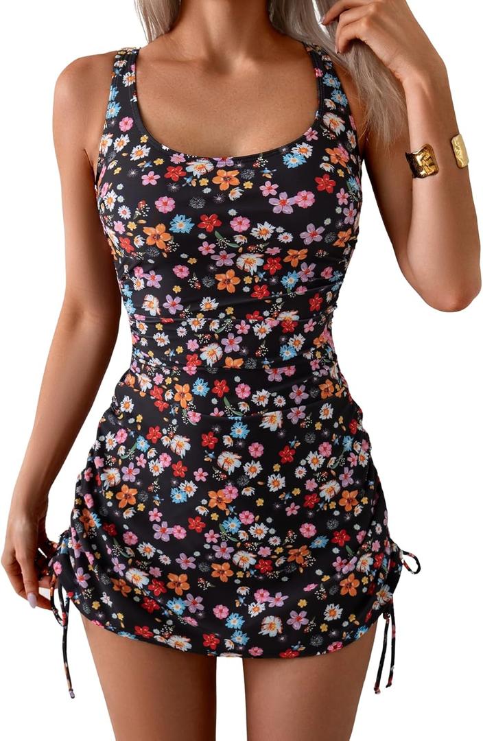 Eomenie Women's One Piece Swimdress Swimsuit with Drawstring Tummy Control Bathing Suits Push Up Swim Dresses with Bottom (Medium)