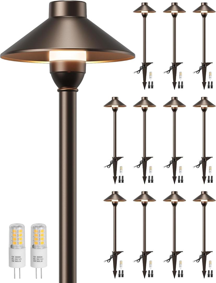 PARTPHONER Low Voltage Landscape Lighting 12-Pack, Aluminum 12V Pathway Lights with G4 Bulbs, Waterproof Oil Rubbed Bronze Color Wired Path Lights with Connectors for Walkway Yard Garden