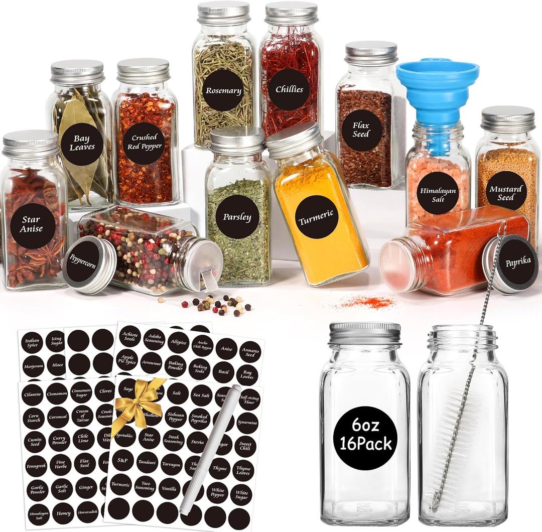 AuroTrends Spice Jars with Labels 6oz 16Pack, Glass Spice Jars with Shaker Lids Complete Set-6oz Seasoning Containers with 180 Waterproof Spice Labels |Chalk Marker |Straw Brush |Funnel
