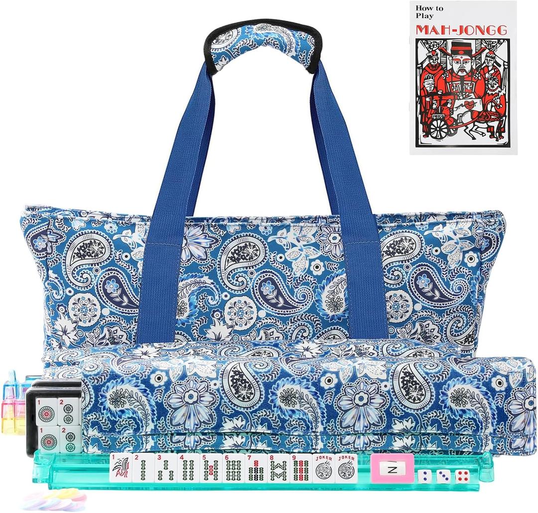 American Mahjong Tile Set,166 Premium White Tiles Mahjong Set, 4 All-in-One Rack/Pushers, Mahjong Tile Set with Flower Carrying Bag