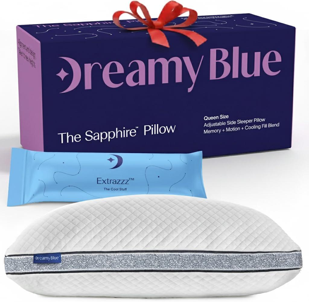 DreamyBlue Gusseted Sapphire Pillow  Adjustable Loft, Luxury Cover, Shredded Memory Foam Fill w/Cooling Beads  Ideal for Wide Shoulders  Neutral Alignment for All  CertiPUR-US Certified (Queen)
