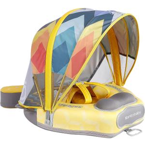 Mambobaby Float Upgrade Add Tail Baby Float with Canopy for Infant Waist Swimming Ring Swim Trainer Non-Inflatable Floats Toys with Adjustable Safety Strap (Yellow - Colorful Fish), 22 inches x 22"