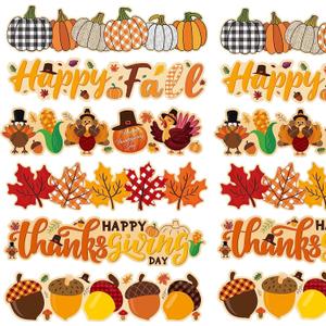 Haooryx 70Feet Happy Thanksgiving Fall Bulletin Board Borders - 72PCS Cartoon Turkey Pumpkin Maple Leaves Paper Borders Trim for School Classroom Autumn Theme Party Blackboard Border Wall Decorations