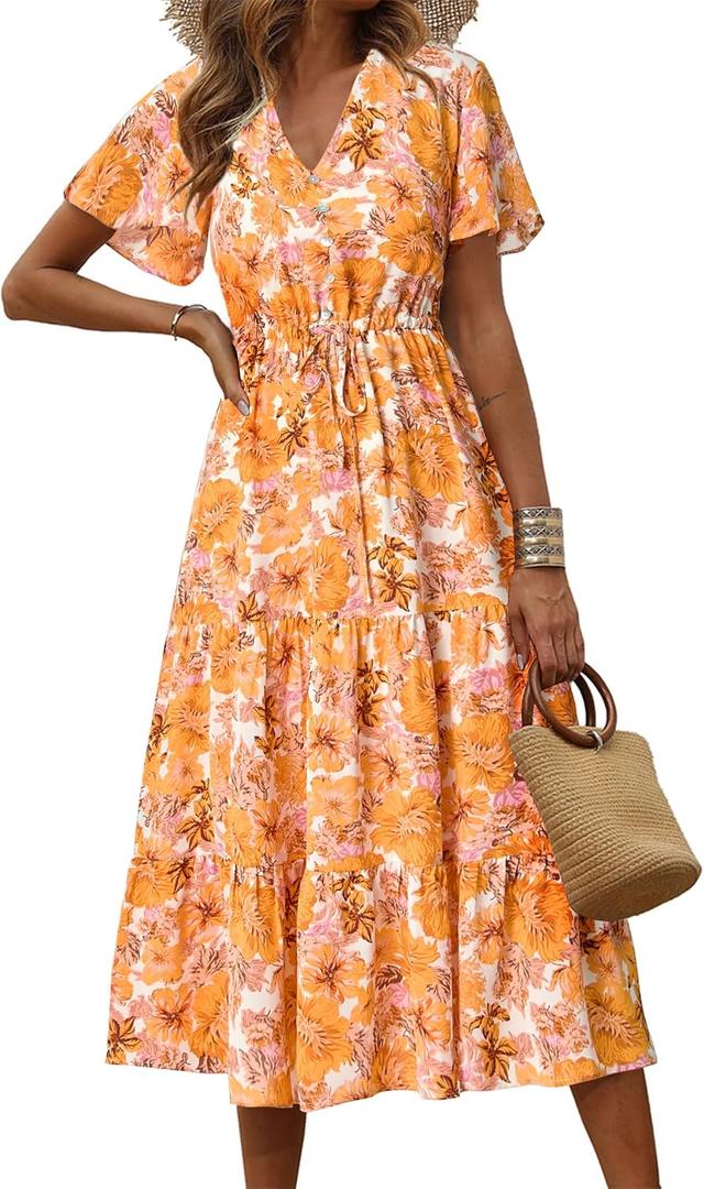 PRETTYGARDEN Floral Dress for Women 2026 Summer Casual Short Sleeve Maxi Dresses V Neck Tiered Flowy Boho Beach Sundress (White Yellow Floral, Large)