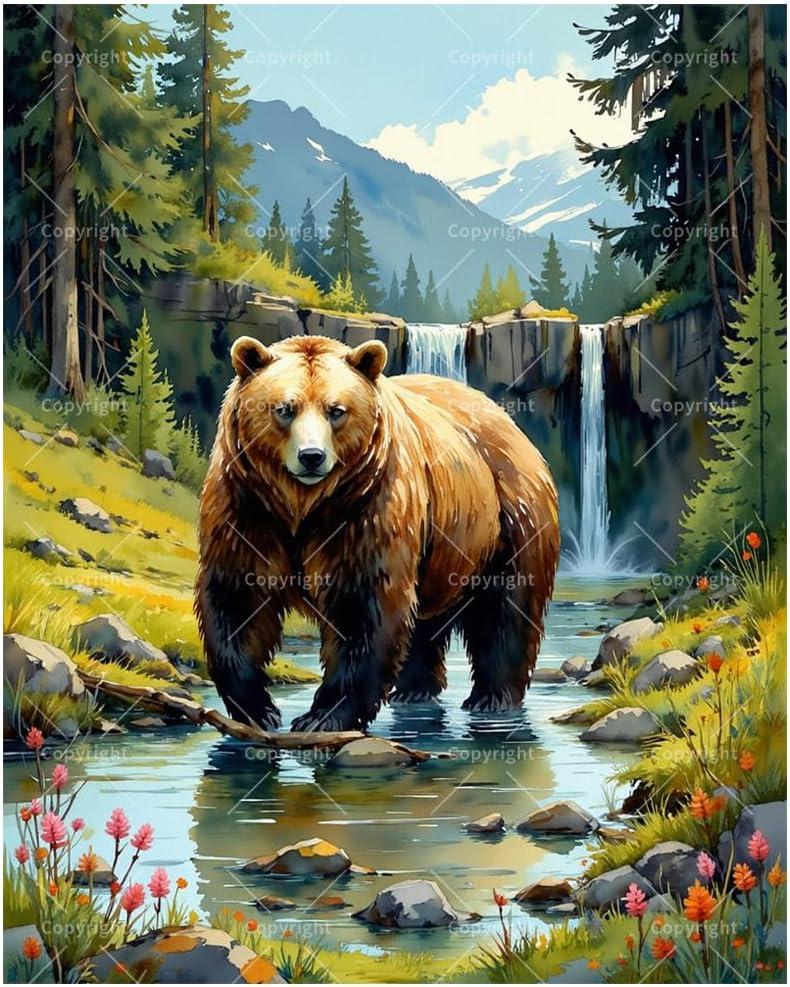 Brown Bear Paint by Numbers Kit for Adults - DIY Grizzly Bear by Waterfall in Forest Painting on Canvas, Acrylic Paint Set, Suitable for Beginners, Art for Home Decoration or Gifts(12X16IN Framed)