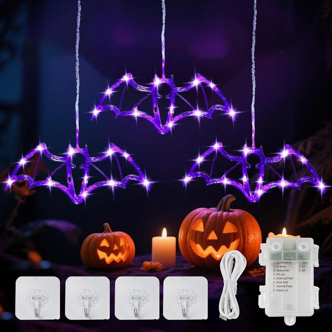 YOUNGAR Halloween Bat Window Lights,Battery/USB Operated Bat Light,5ft 36LED Purple Waterproof with 8 Modes Timer Memory for Indoor Outdoor Home Spooky Decor