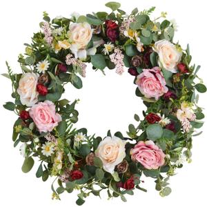 WANNA-CUL 24 Inch Large Spring Rose Wreaths for Front Door,Spring Front Door Wreath with Pink and Wine Red Floral Door Wreath with Eucalyptus Leaves for Wedding or Indoor&Outdoor Decorations