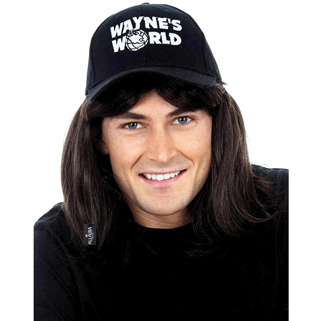 ALLAURA Wayne Wig with Wayne's Cap World Hat, Compatible with Wayne's World Wig and Hat, Mullet Costume Wigs For Men 80s Heavy Metal Rocker Wig 1980s Black Mullet Wig 80s Couples Halloween Costumes