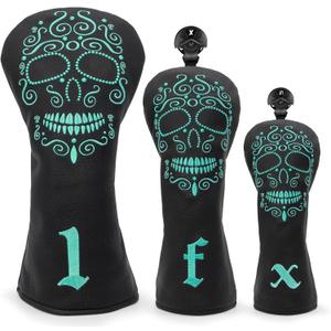 Black Golf Club Covers Skull Embroidery Driver Headcover Fairway 3 Wood Headcover Hybrid Headcover for Your Selection fits for All Brands