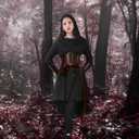 SOMSOC Women Renaissance Halloween Fairy Costumes Medieval Hooded Robe Lace Up Dress Accessories Set Cosplay (Small, Black)