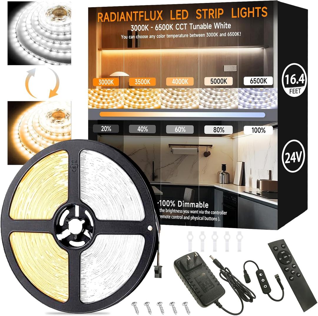 16.4ft Dimmable White LED Strip Light Kit, Dimmable 3000K-6500K, 24V Strip Lights with Remote Control, Flexible LED Strip Light, Eye Protection for Bedroom, Home Lighting, Mirror, Kitchen, Bar Cabinet (Multicolor)