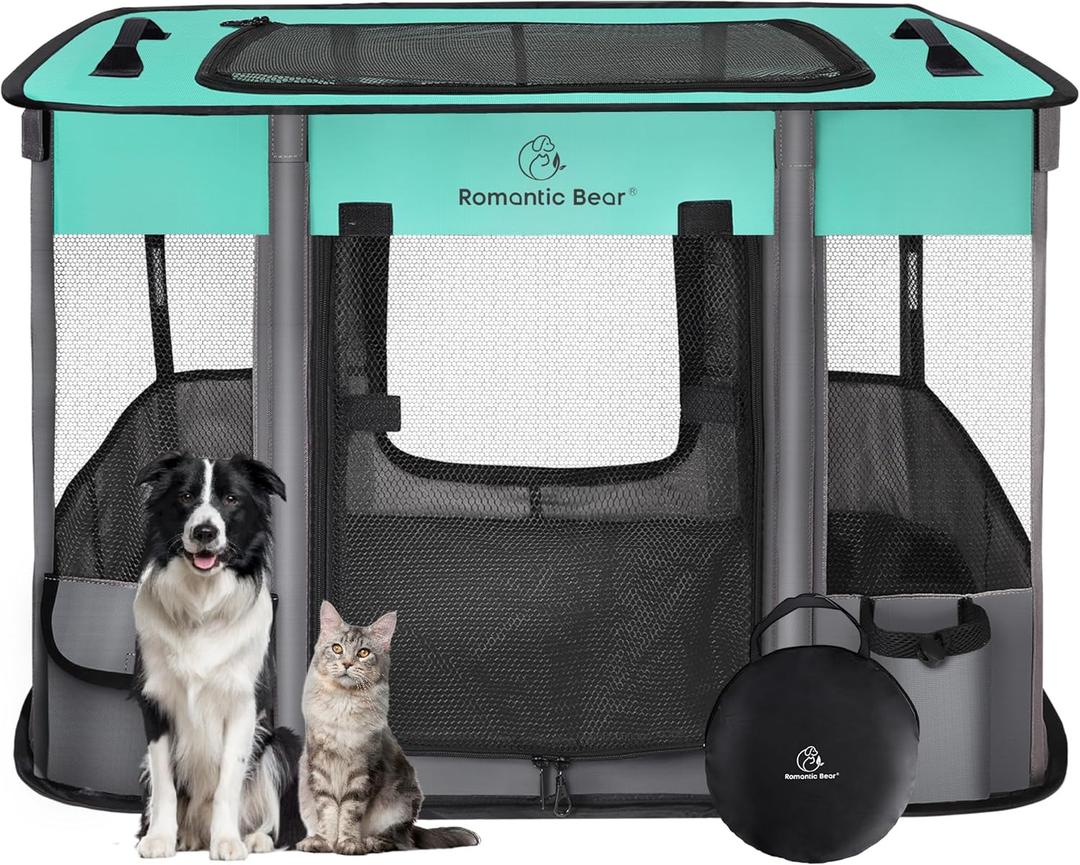 Dog Playpen,Pet Playpen,Foldable Dog Cat Playpens,Portable Exercise Kennel Tent Crate,Water-Resistant Breathable Shade Cover, Indoor Outdoor Travel Camping Use for Small Animals with Carrying Case(M) (Green)