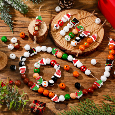 Geelin 300 Pcs Christmas Wood Beads with Twine  Santa Gingerbread Snowman Winter Animals Wooden Round Bead for Hanging Ornaments DIY Crafts Garland Holiday Tree Decor(Classic Christmas)