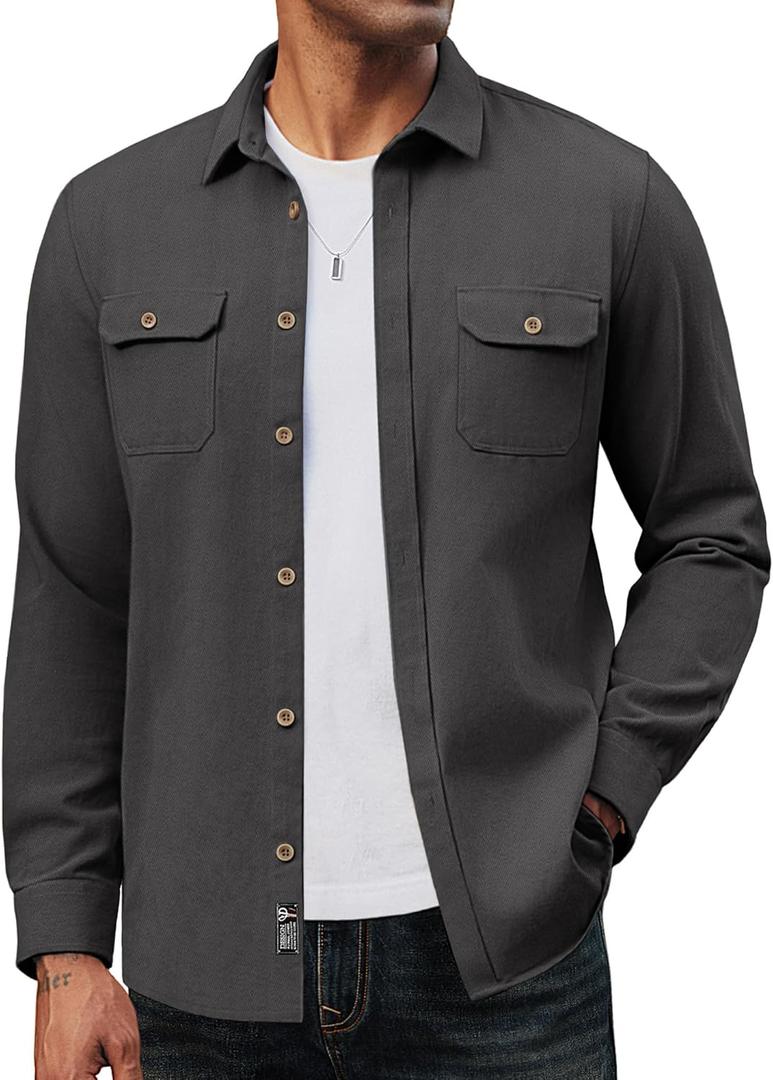 PJ PAUL JONES Mens Casual Shacket Cotton Twill Lightweight Jackets Button Down Shirt Jacket with Pockets (X-Large, Dark Grey)