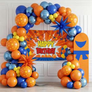 Orange and Metallic Royal Blue Balloon Garland Arch Kit with star-printed Star Shape Balloons & Backdrop for Dragon Cartoon hero Theme Birthday Sports Space Basketball Party Decorations (Blue Grange)
