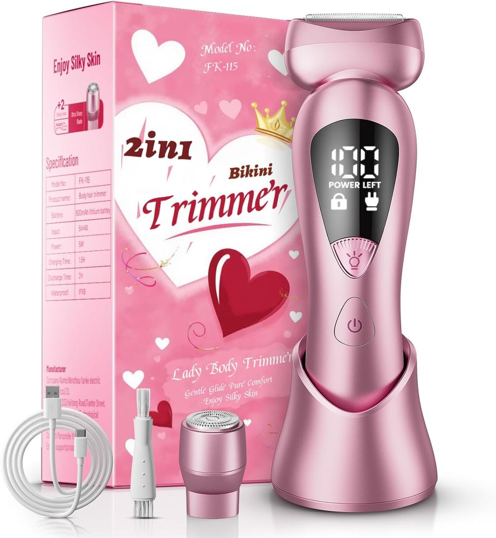 Cordless Electric Razors for Women: Rechargeable Painless Bikini Trimmer for Body Hair - IPX7 Waterproof Shaver with LED Display for Face/Underarm/Leg Light Pink