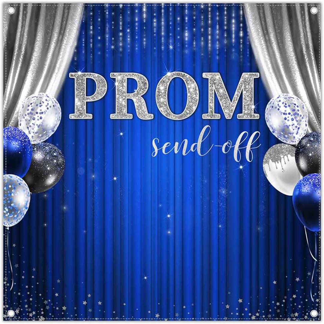 6x6ft Fabric 2026 Prom Send Off Backdrop Blue and Silver Glitter Graduation Balloon Photography Background Congrats Grad Class School Party Decorations Photo Banner