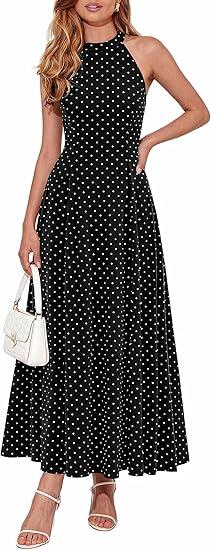 PRETTYGARDEN Summer Halter Dresses for Women 2026 Vacation Outfits Sleeveless Polka Dot Sundress Wedding Guest Maxi Dress (Black, M)
