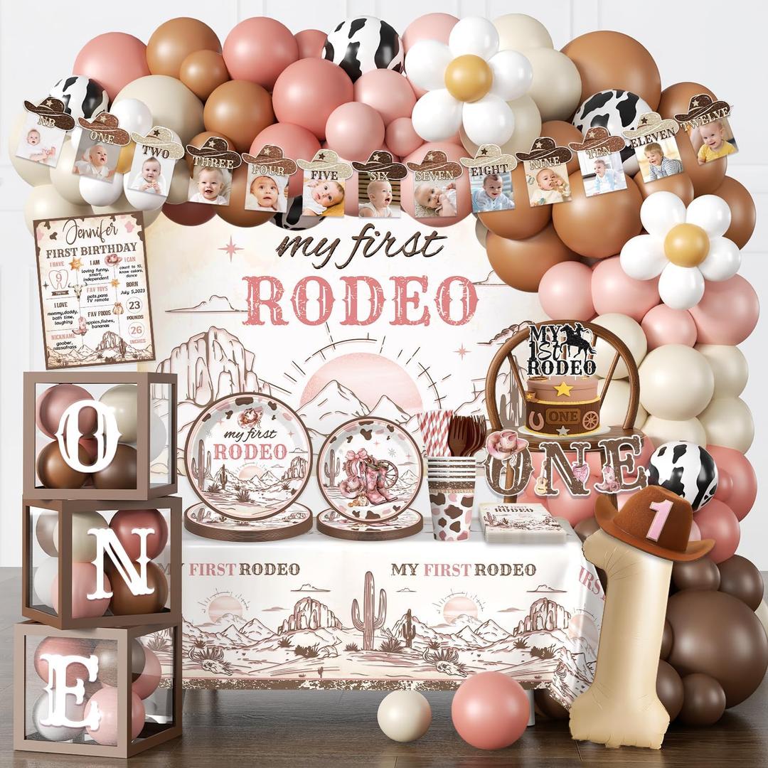 240PCS My First Rodeo Decorations Girl, Western Cowgirl First Birthday Supplies, All-in-1 Supplies Pack Includes 20 plates, Backdrop Tablecloth Balloon Kit for Girl First Birthday Party