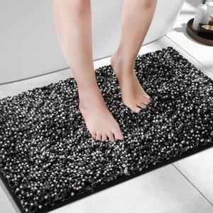 Yimobra Bath Mats for Bathroom Non Slip, 28x17.5, Extra Soft Chenille Bathroom Rugs, Fluffy Plush Luxury Shower Mat Outside, Water Absorbent, Machine Washable, Black & Dark Gray