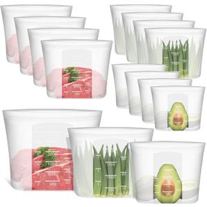 Reusable Storage Bags, Large-Size Set, 12 Pack 100% Silicone Food Storage Bags Stand Up Zip Lock Bags for Food, Freezer Microwave Oven Dishwasher Safe, 4 XL-0.8 Gallon + 4 L + 4 M, Translucent