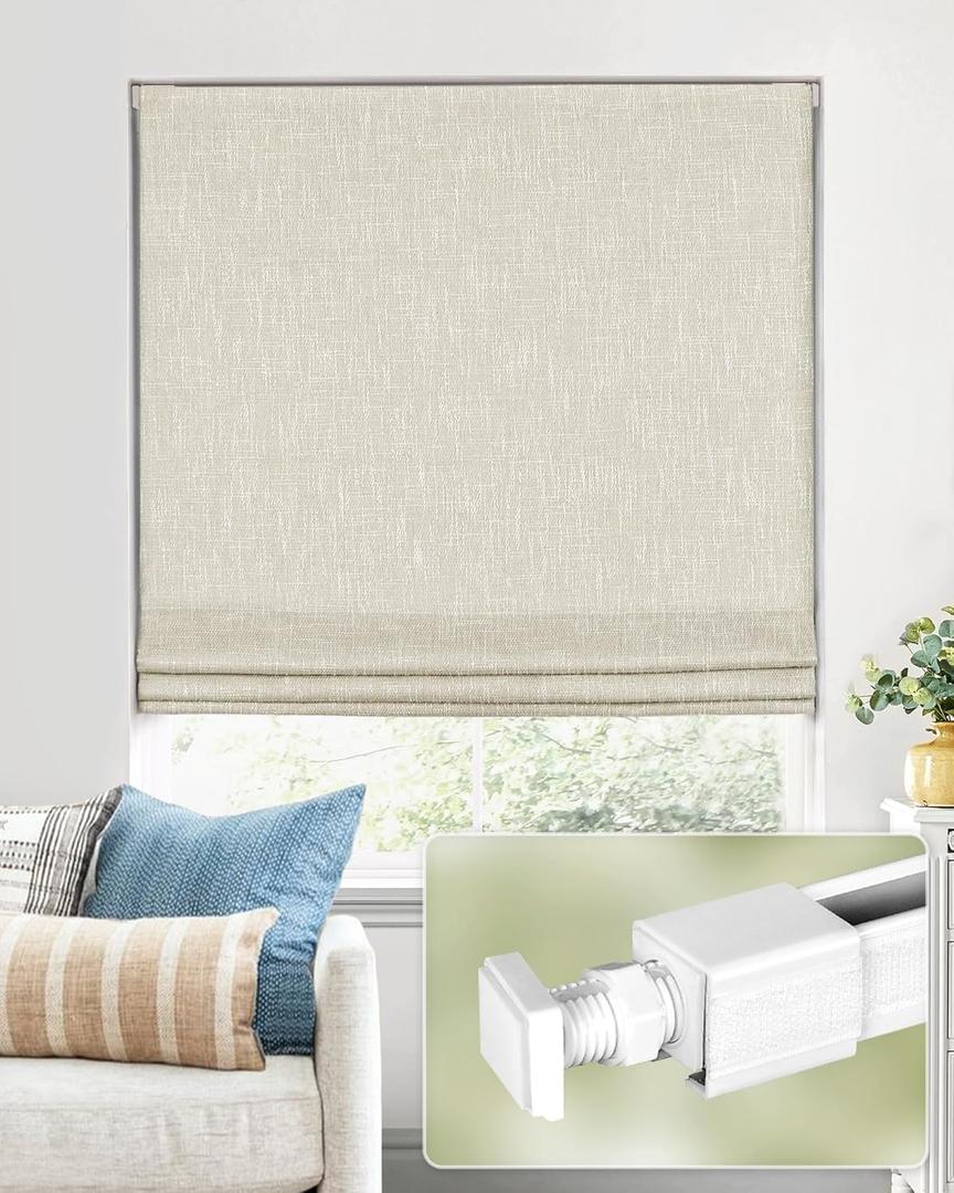 No Tools No Drill Cordless Roman Shades for Indoor Windows 100% Blackout, for Window Size 22" W × 48" H Beige