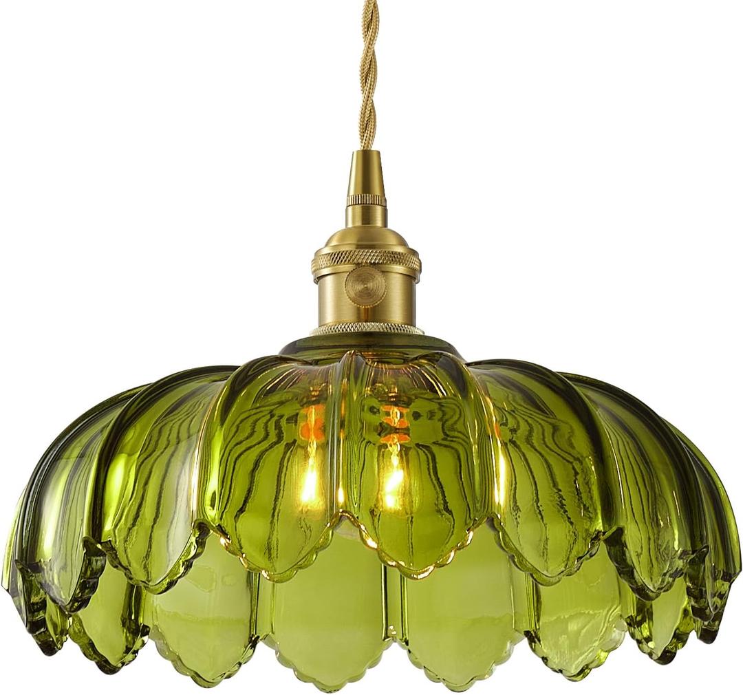 Vintage Glass Pendant LightGreen Flower Ceiling Pendant LightGold Adjustable Hanging Wire for Kitchen Island Dining Room Bedroom Hallway (10Inch - Green(D))